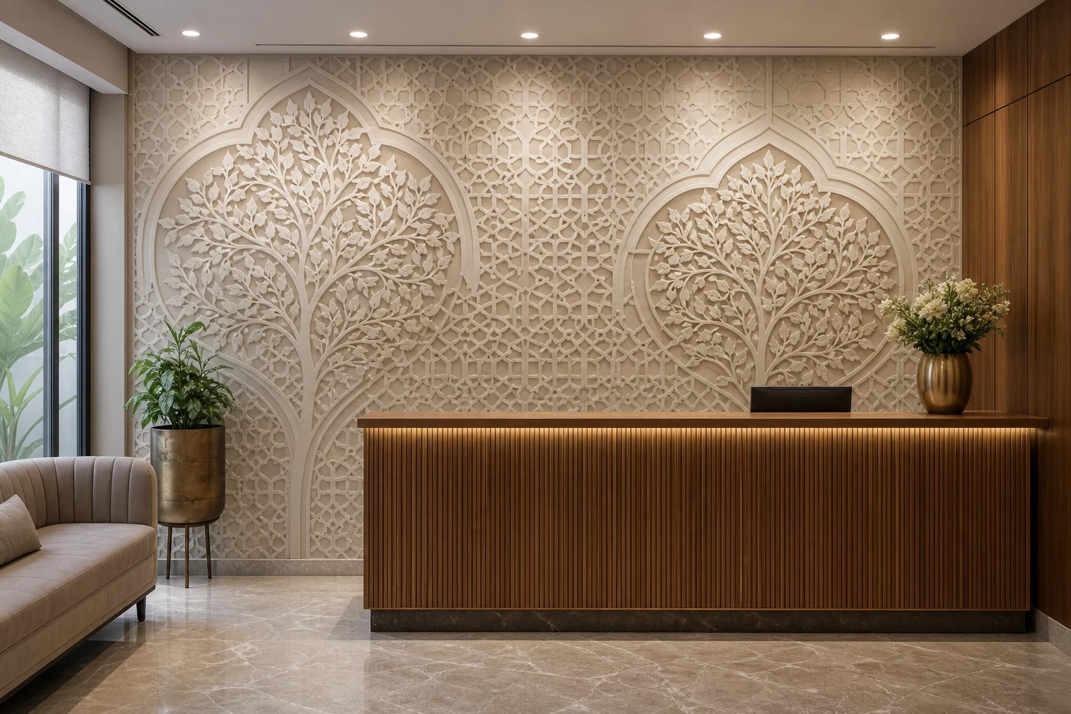 3D jali pattern wallpaper for commercial reception interiors in Gujarat