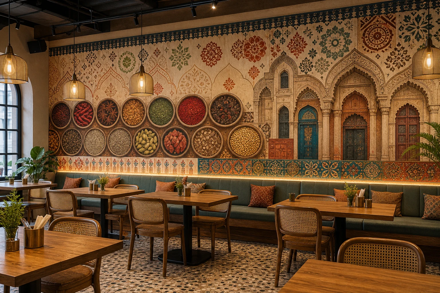 Digital Gujarati cafe wallpaper with traditional pattern details